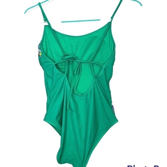 Athleta Teal Vintage Floral Hawaiian Green Pink One Piece Strappy Swimsuit - Picture 5 of 8